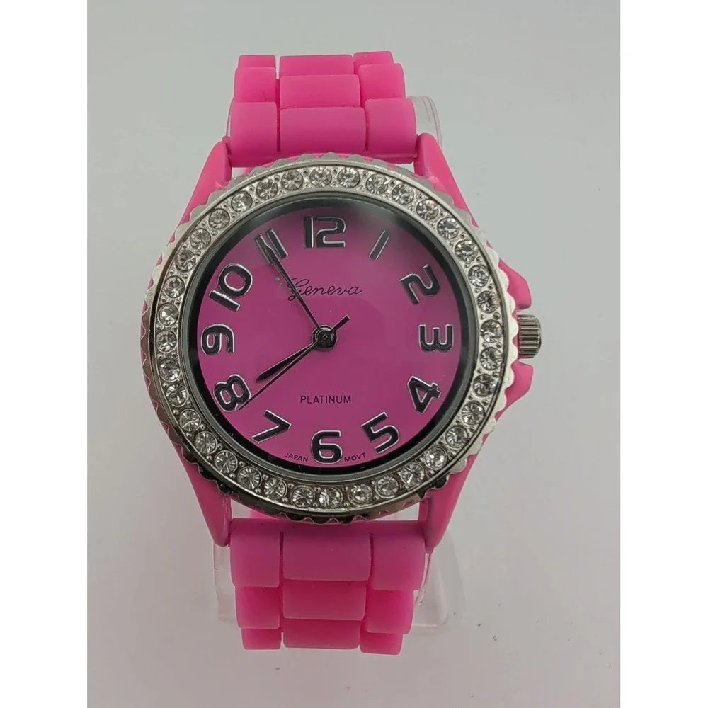 Geneva Platinum Watch Women 38mm Case Pink Silicone Band- New Battery